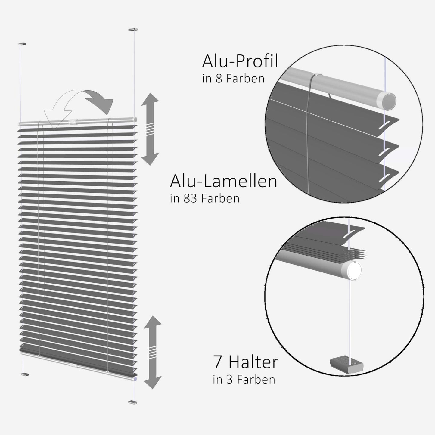 Das Bild zeigt die schematische Ansicht der Jalousie Juun25 mit der Beschreibung der FArben für die Griffstangen, Lamellen und Halter